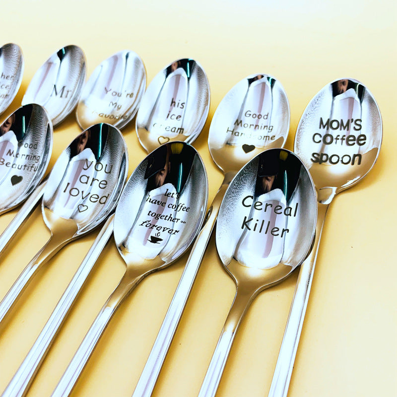 Couple Tableware Good Morning Stainless Steel Long Handle Spoons Lettering